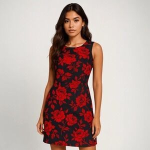 Vintage Eva Mendes Womens Floral Sheath Dress Size 12 Red Black Romantic Gothic‎